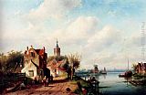 A Village Along A River, A Town In The Distance by Charles Henri Joseph Leickert